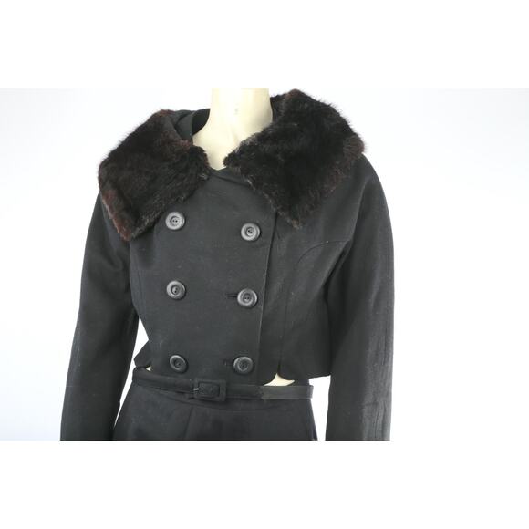 Kennie Belted Black Wool Skirt Suit Mink Fur Collar Jacket Vintage Set Size S - Picture 7 of 16